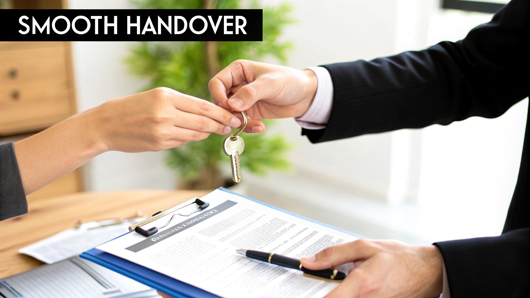 Two hands exchanging a set of keys over a document, representing a smooth property handover.