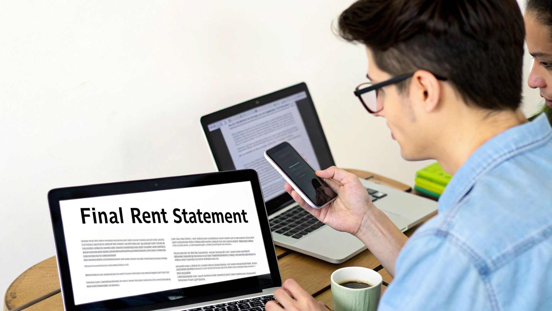 A young person reviews a final rent statement on a laptop, holding a smartphone, with another laptop nearby.