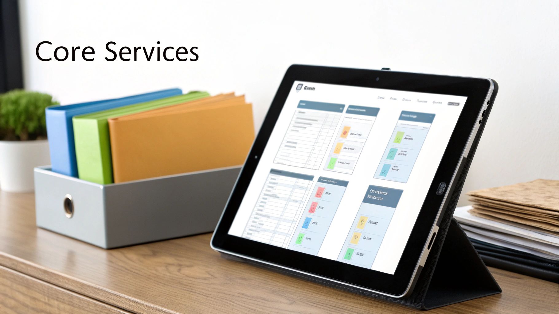 A property manager reviewing documents and a maintenance schedule on a tablet in a well-kept home.