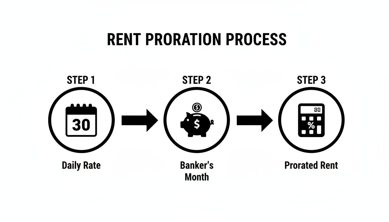 A three-step infographic outlining the Rent Proration Process with icons for daily rate, banker's month, and prorated rent.