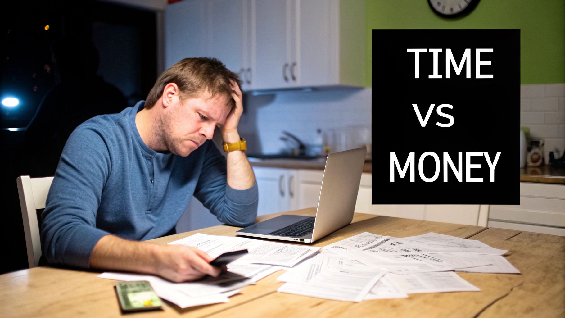 A stressed man at a table full of papers and a laptop, contemplating time vs money.