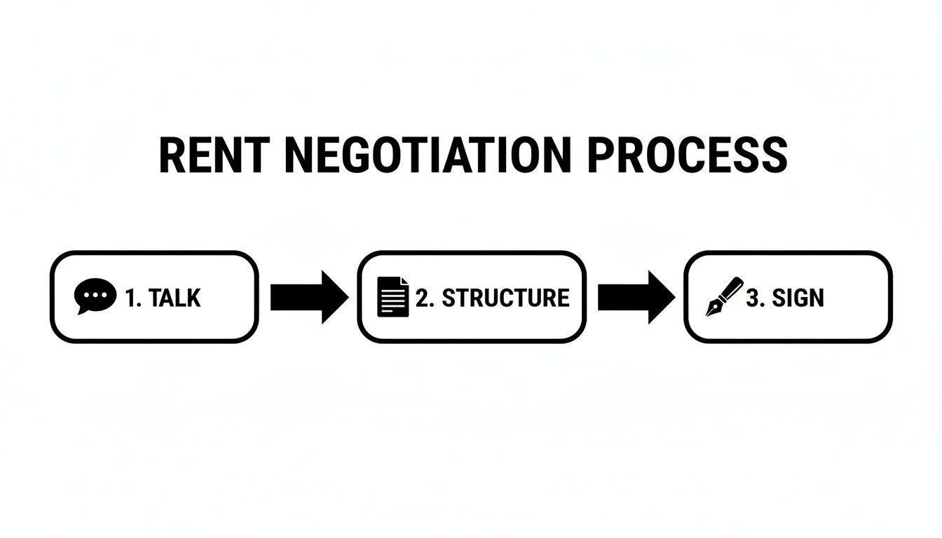 Flowchart illustrating the three steps of the rent negotiation process: Talk, Structure, and Sign.