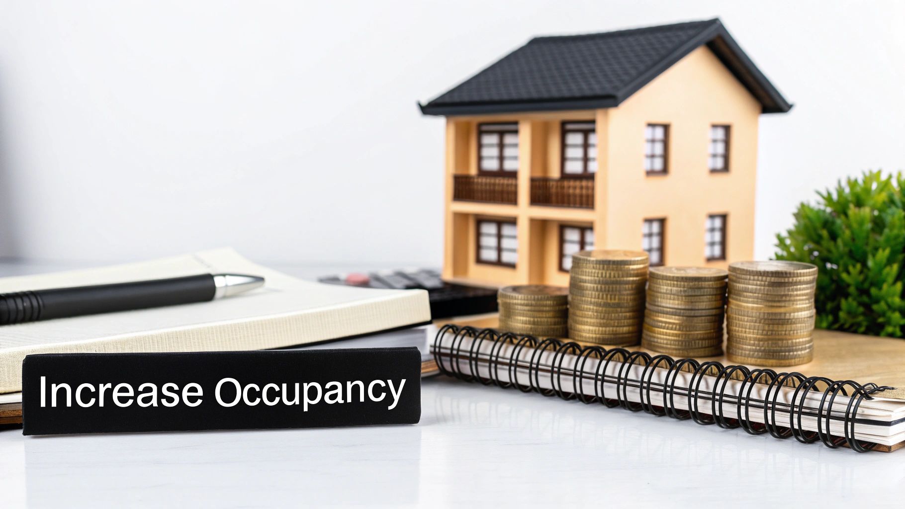 A desk with a miniature house model, stacks of coins, a notebook, and a sign 'Increase Occupancy'.