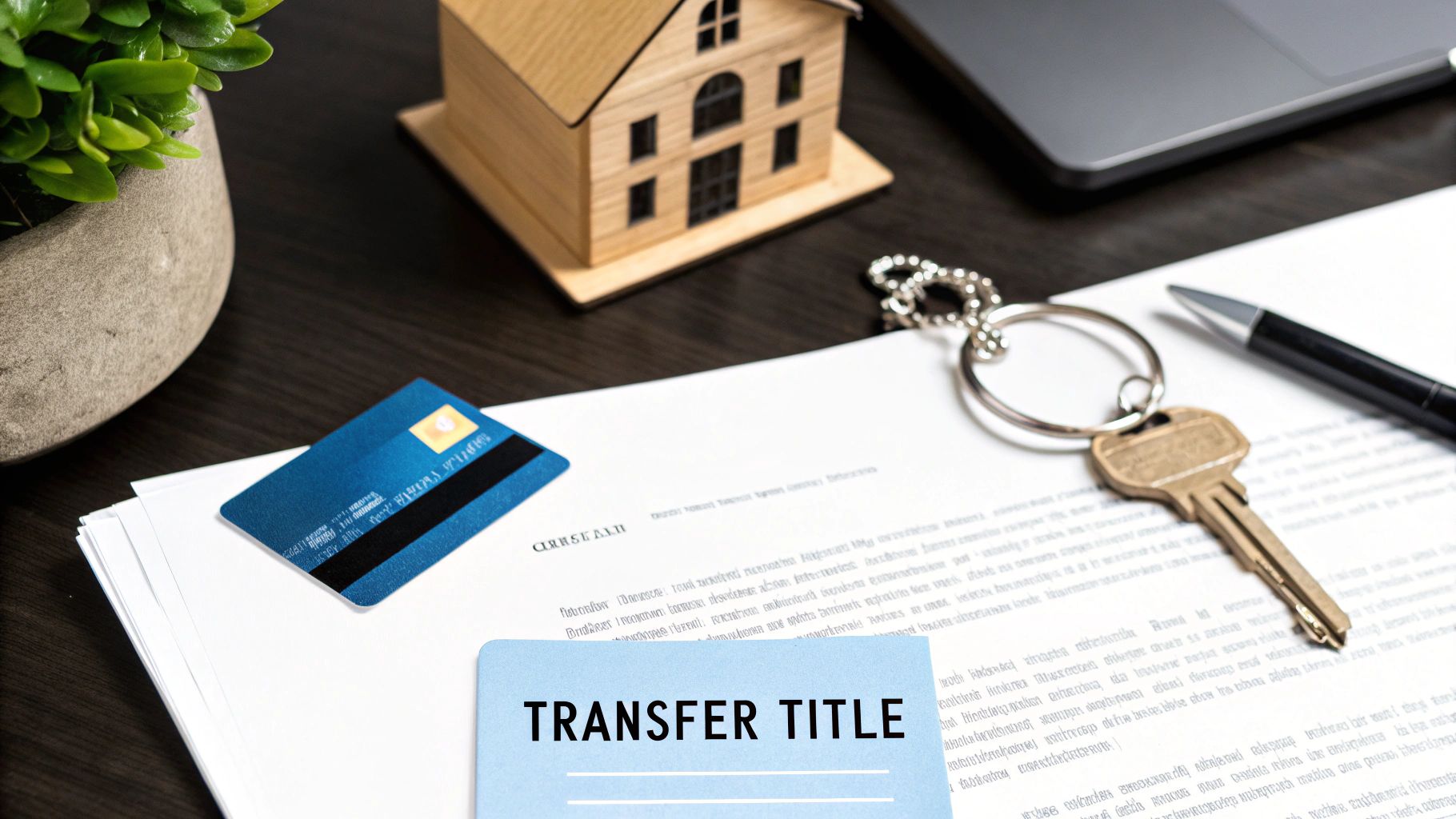 Desk with a house model, credit card, house key, pen, and a document labeled 'Transfer Title'.