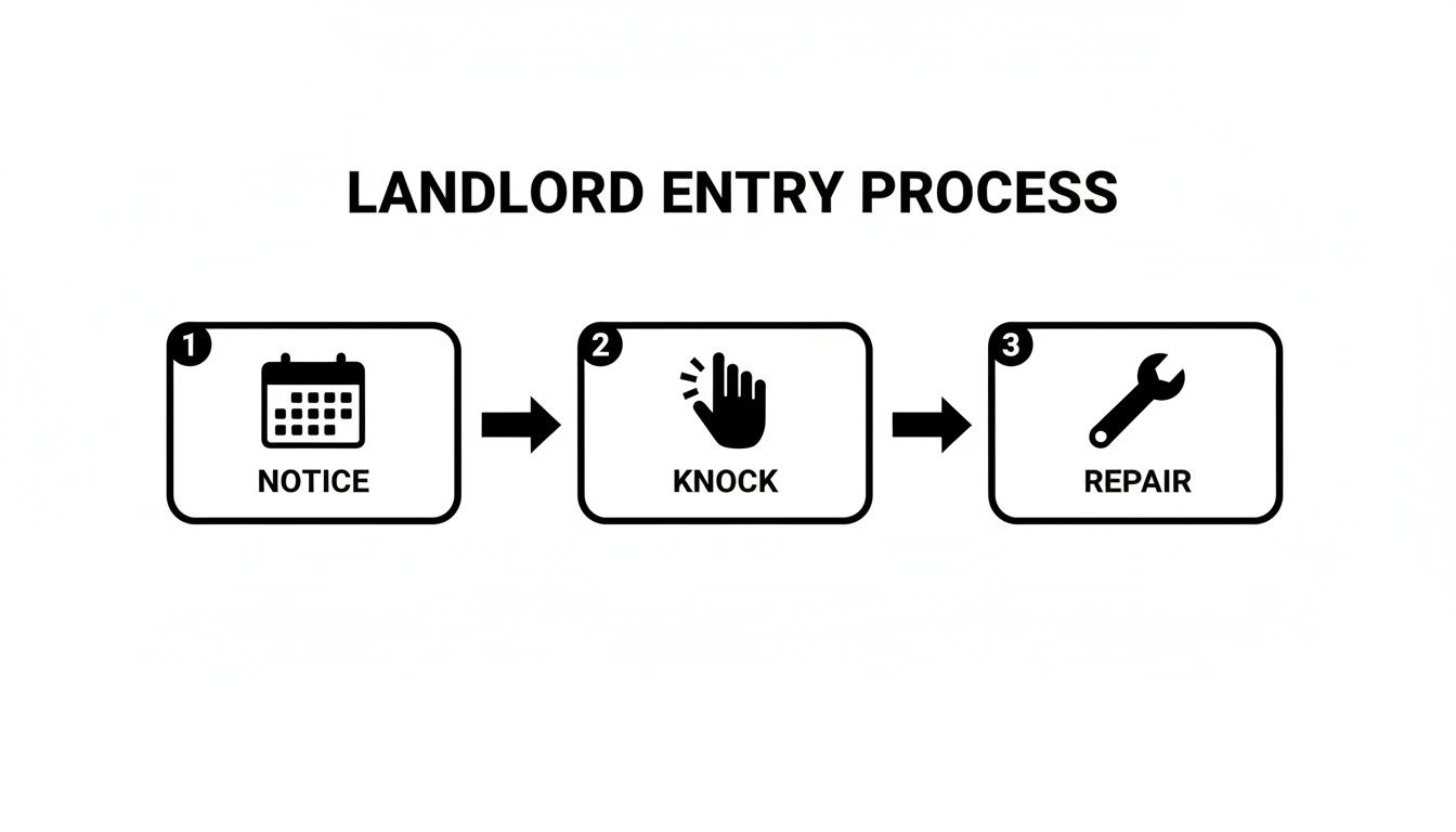 A flowchart illustrating the landlord entry process with steps: notice, knock, and repair.