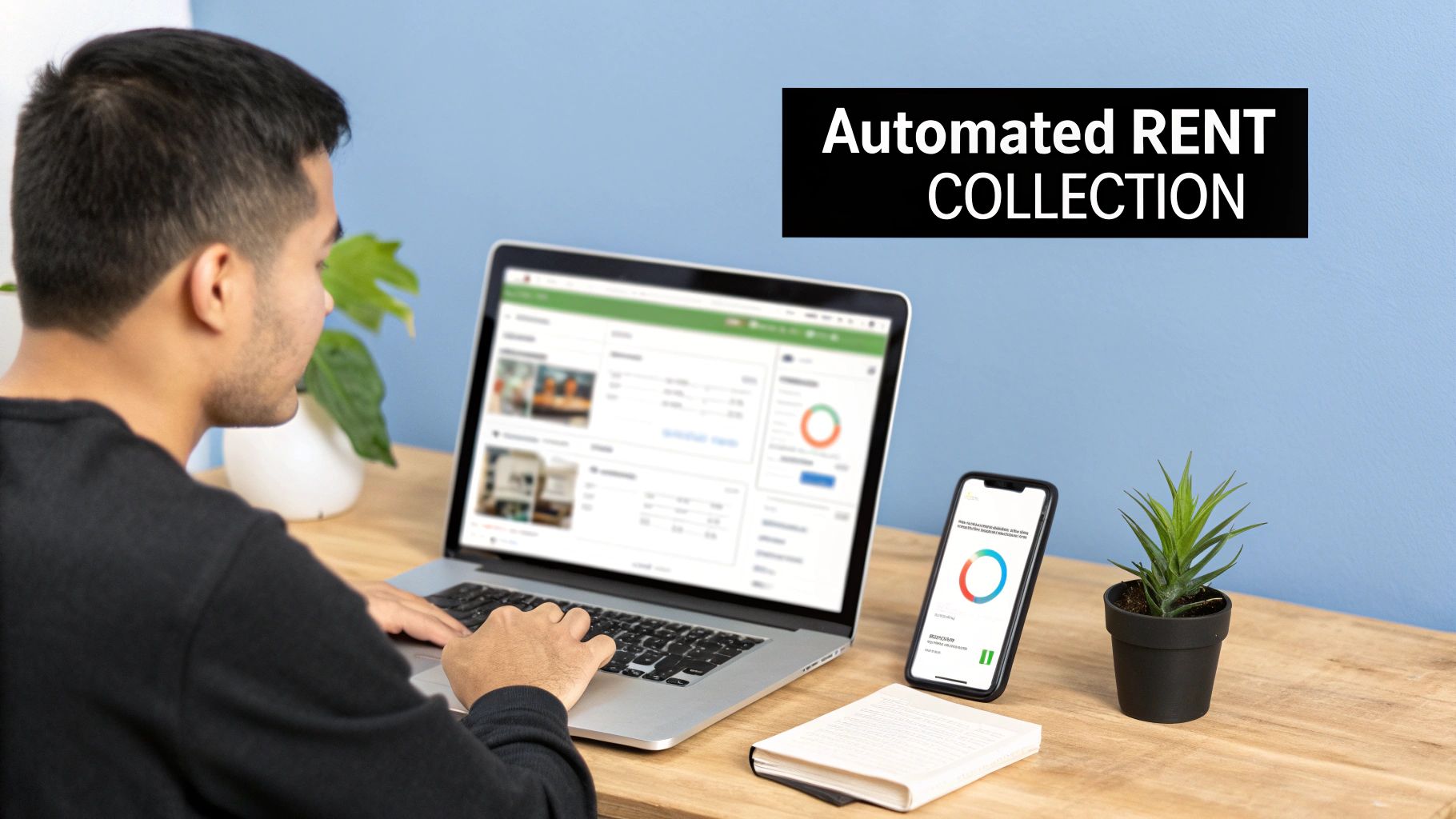 A man uses a laptop and phone displaying dashboards for automated rent collection tasks.
