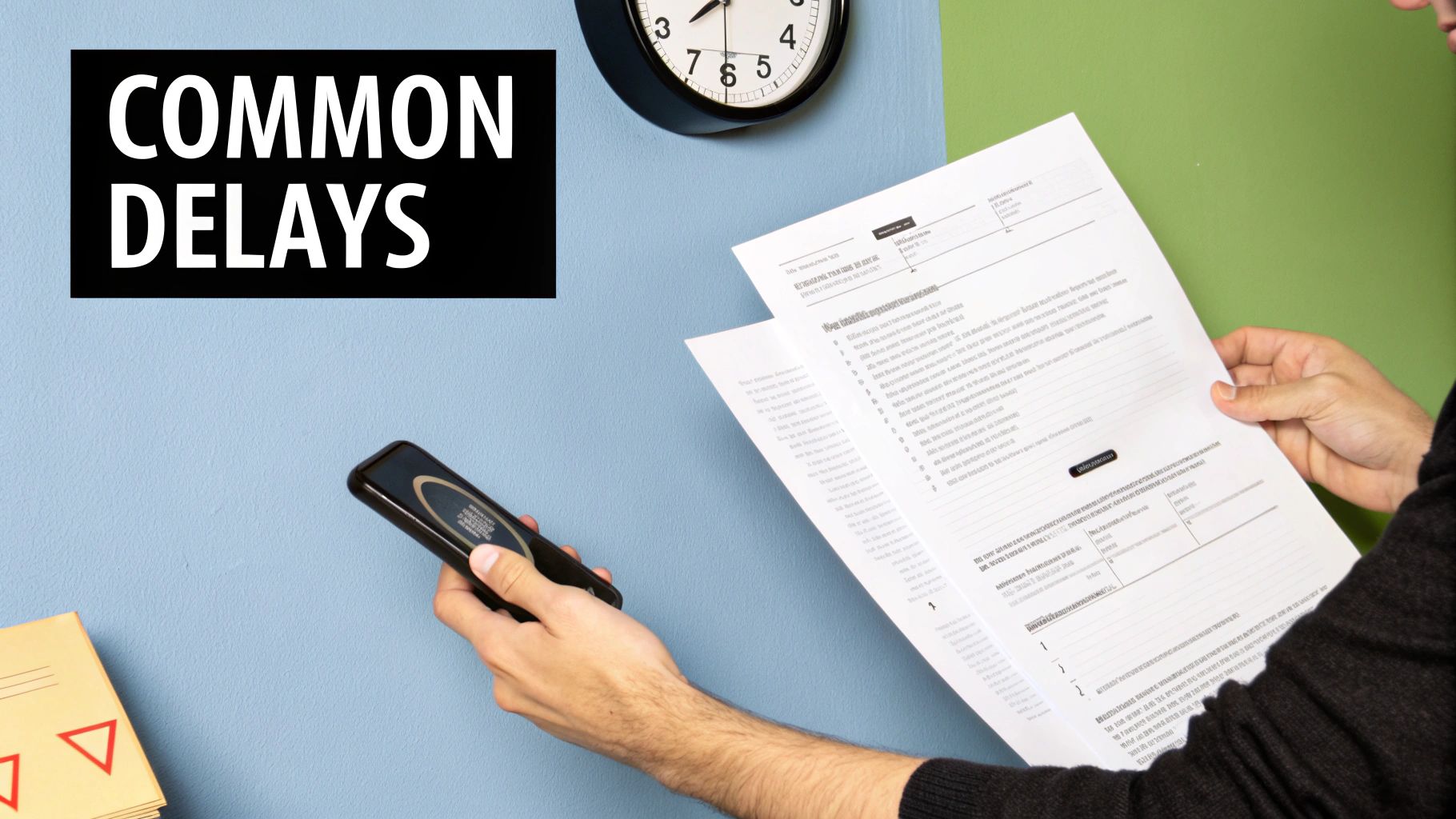 A person looking frustrated at a stopwatch representing screening delays.