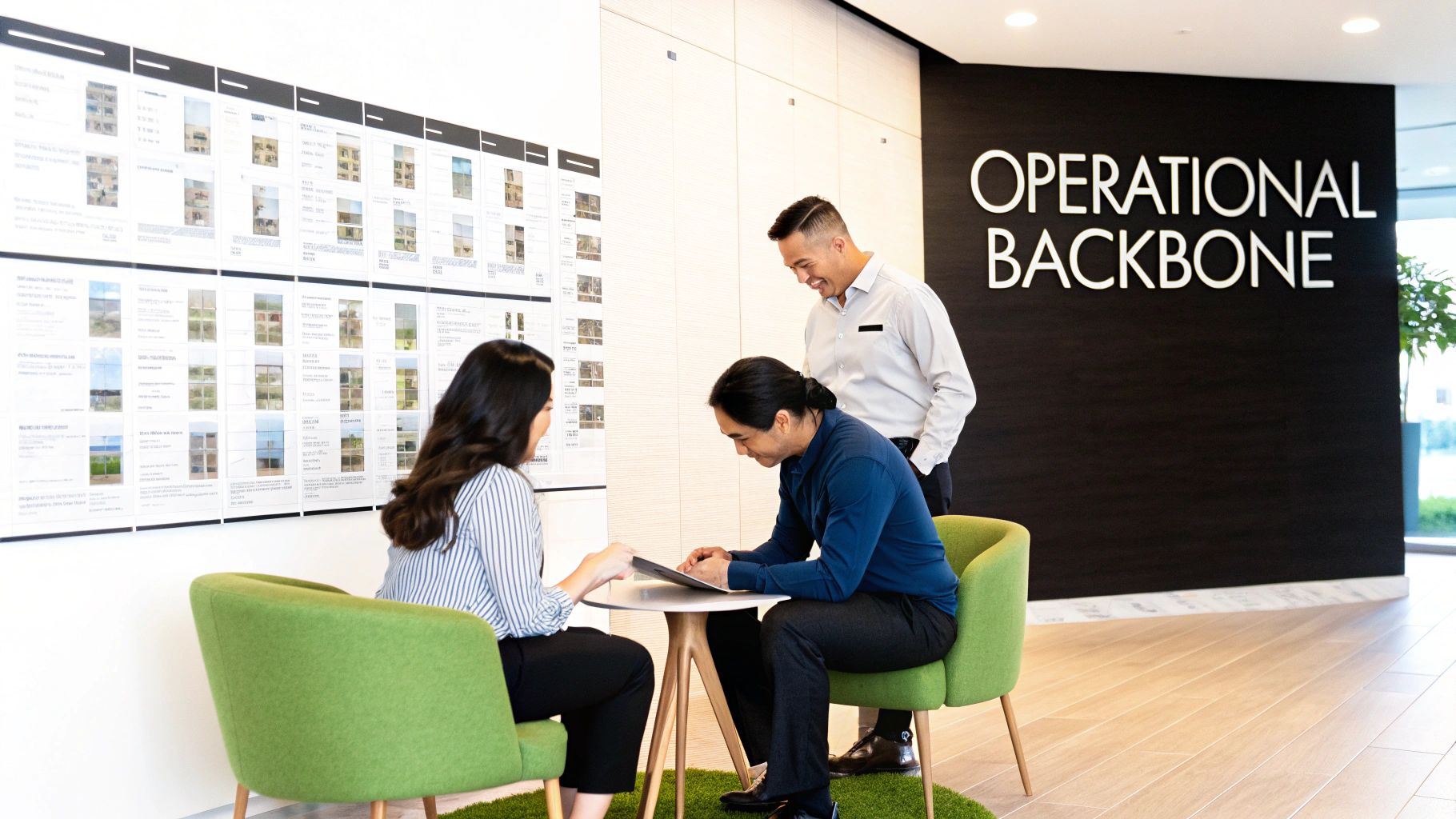 Three professionals discuss property plans in a modern office with an 'Operational Backbone' sign.