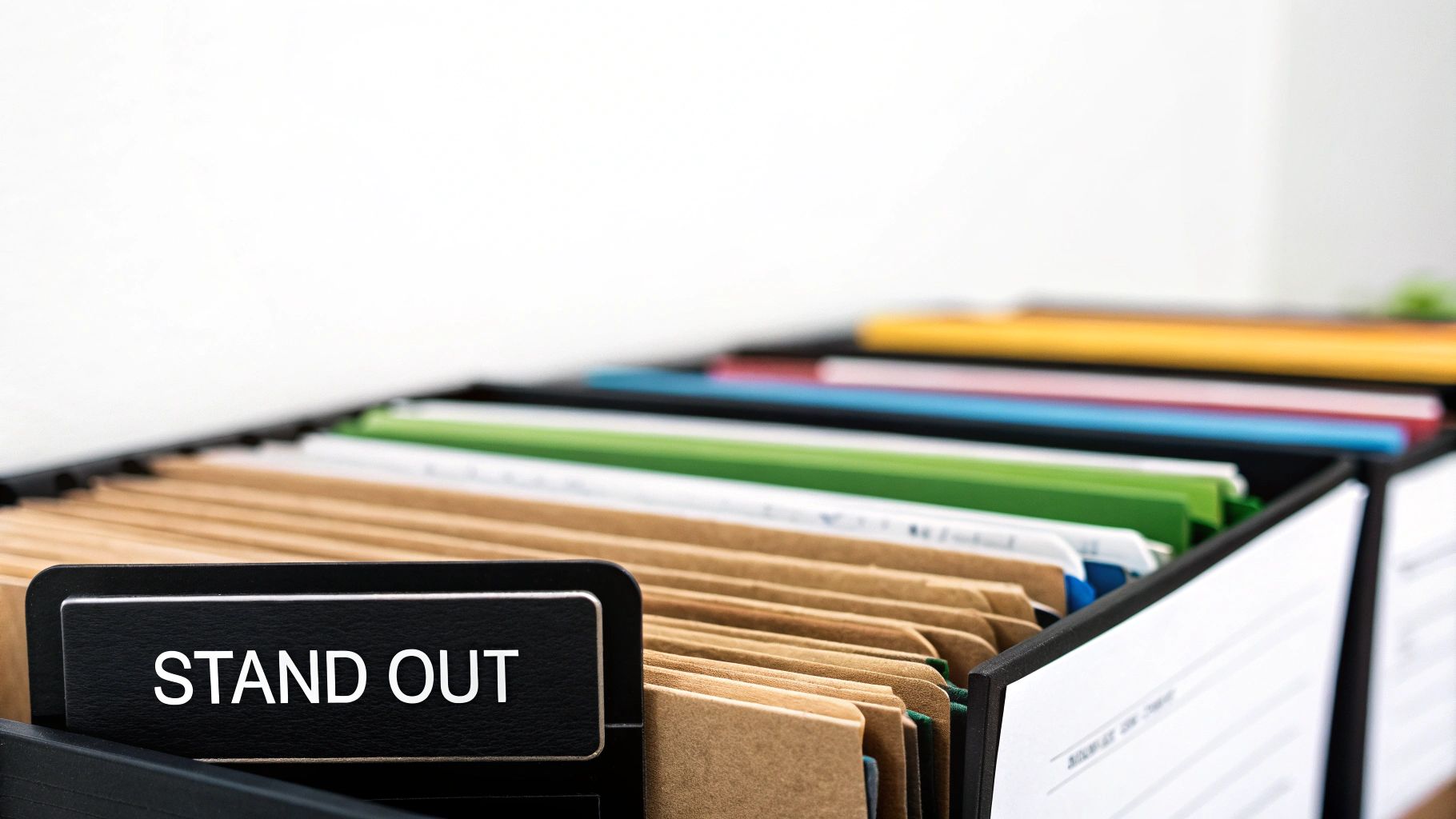 Close-up of a black file organizer with hanging folders, one tab prominently reads 'STAND OUT'.