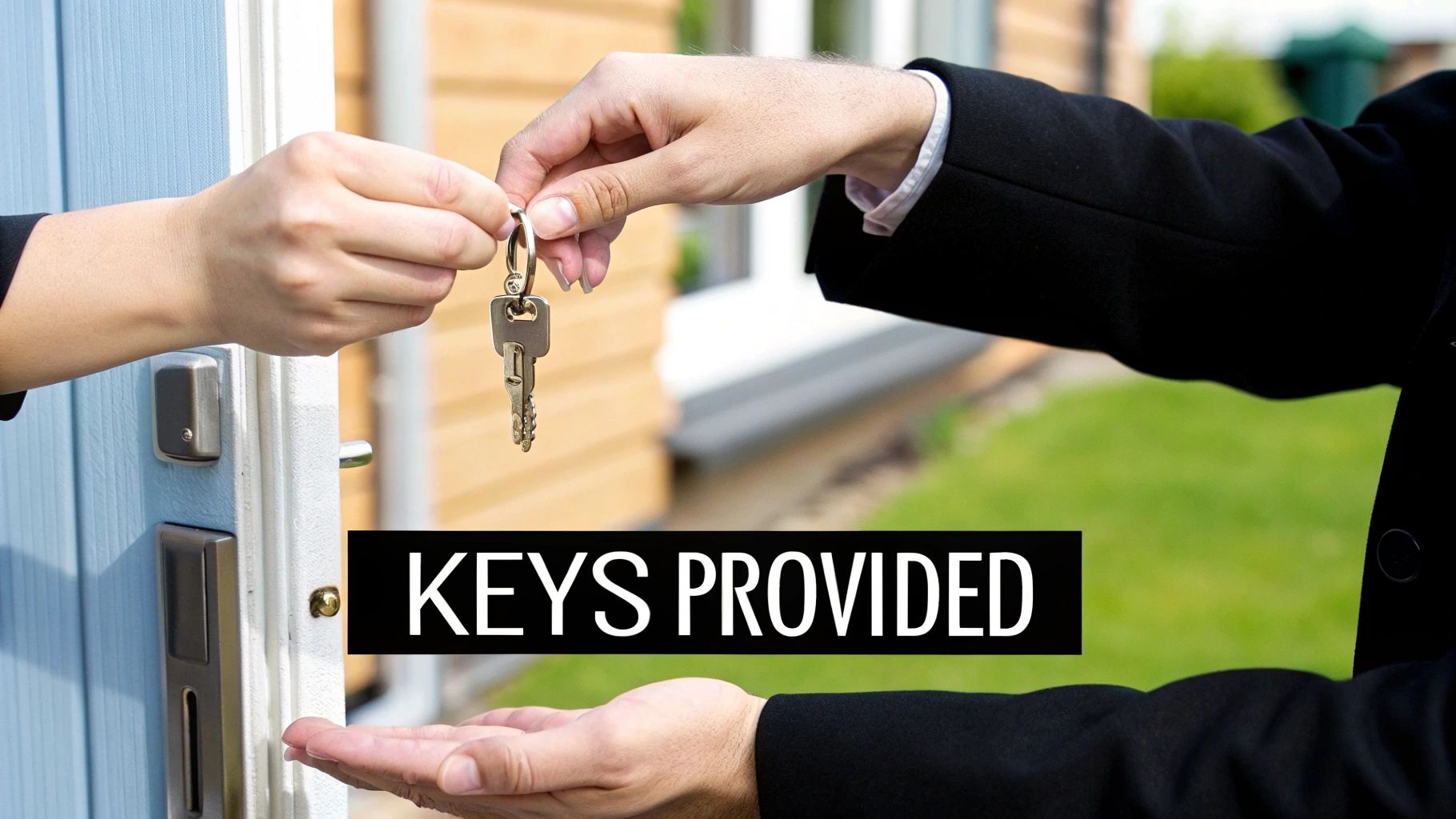 Two people exchanging house keys in front of a light blue door, signifying a property handover.
