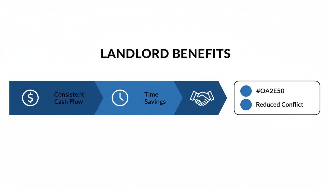 An infographic illustrating landlord benefits: consistent cash flow, time savings, and reduced conflict.