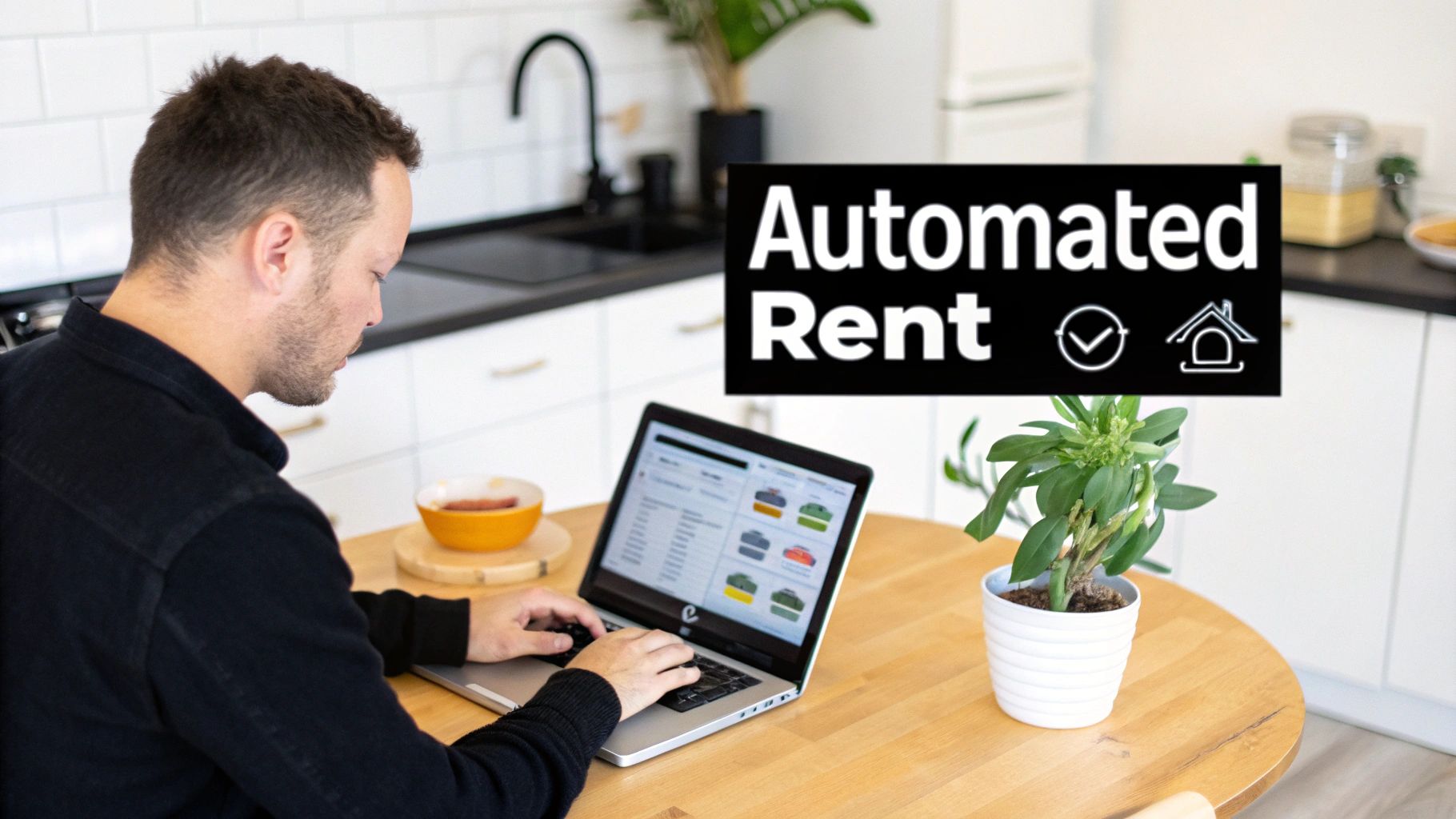 A man uses a laptop for automated rent management in a modern kitchen setting.