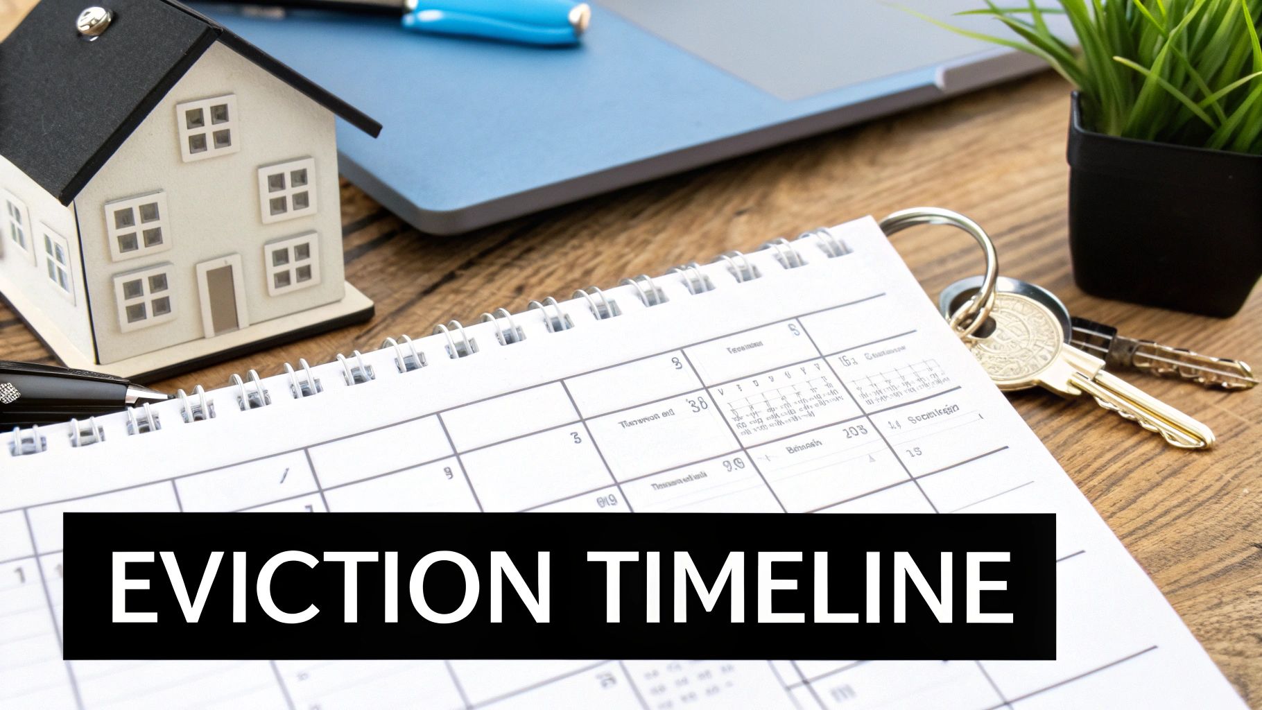 A miniature house, keys, and a pen on a calendar with 'EVICTION TIMELINE' text.