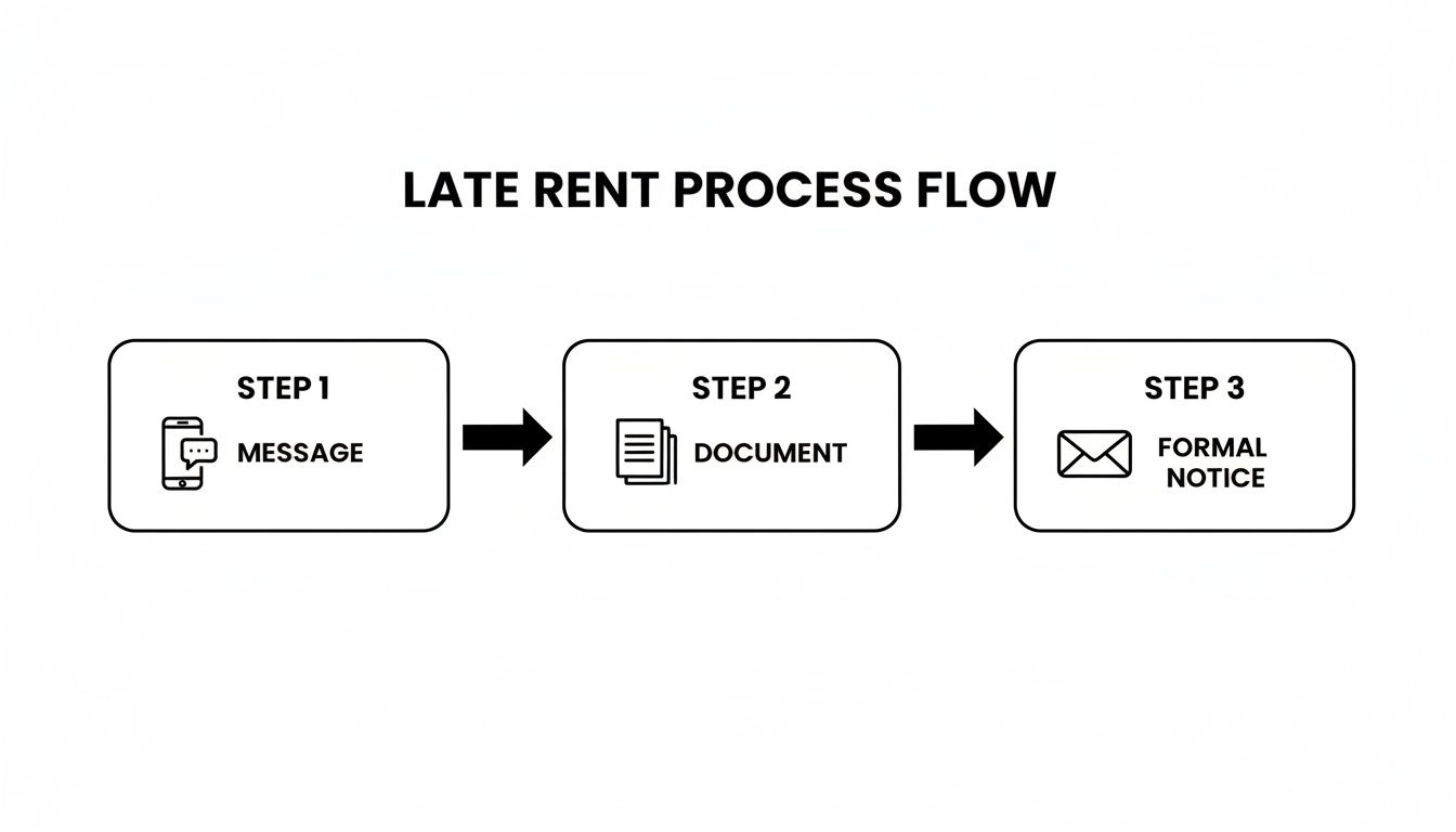 A flowchart detailing the late rent process: Step 1 Message, Step 2 Document, and Step 3 Formal Notice.