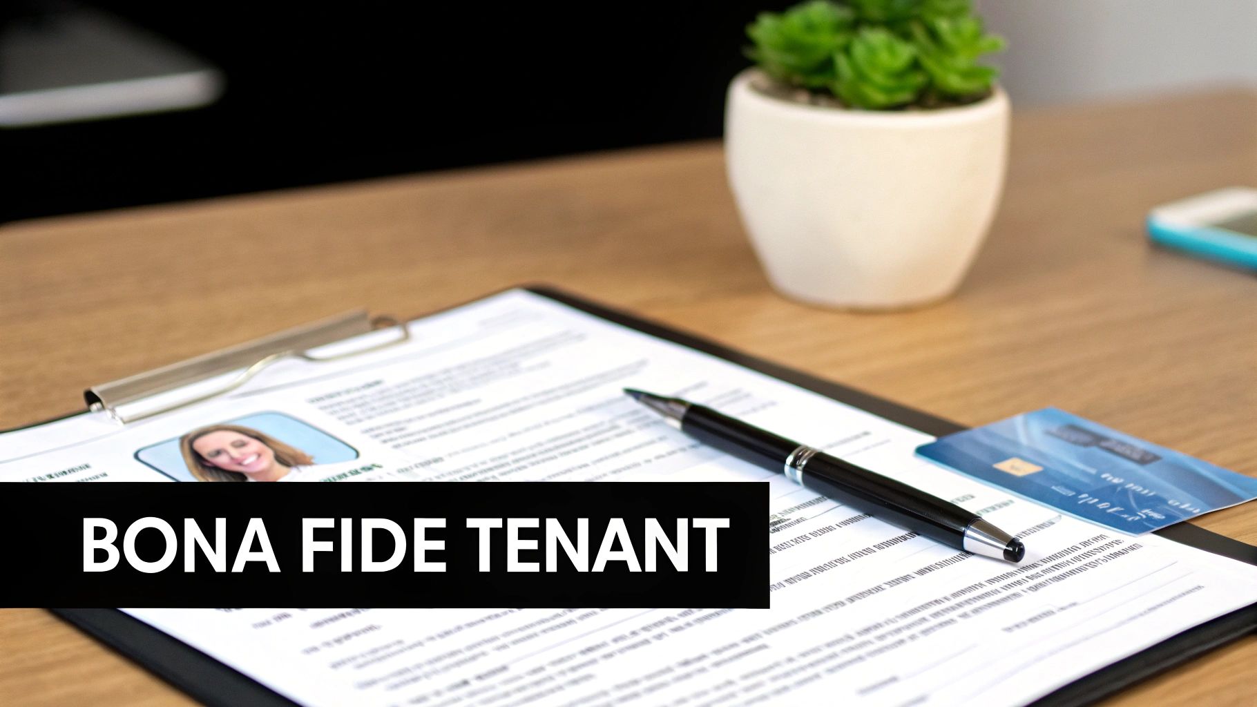 Desk with a document, pen, credit card, and plant. Overlay reads 'BONA FIDE TENANT'.
