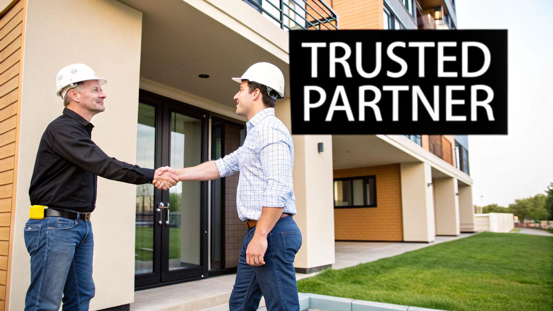 Two construction workers in hard hats shake hands in front of a modern building, signifying a trusted partnership.