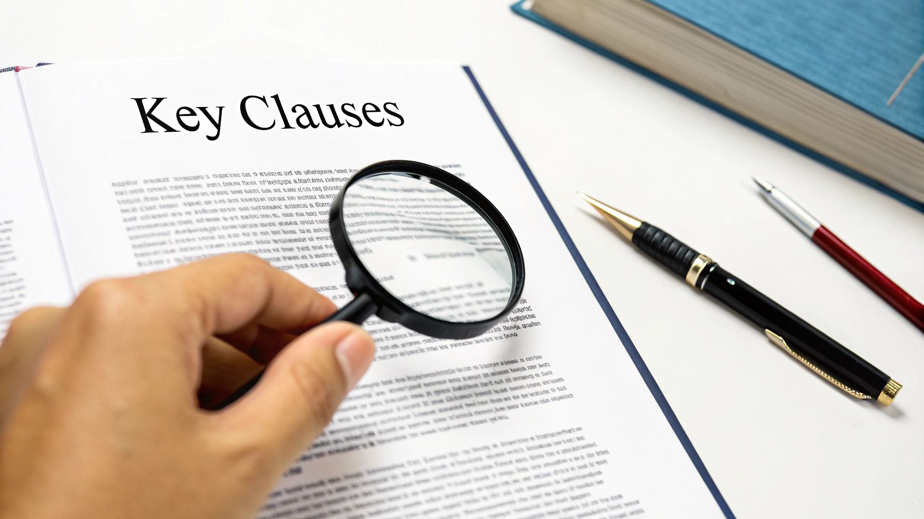 A person examining a document titled &#39;Key Clauses&#39; with a magnifying glass, next to pens and a book.