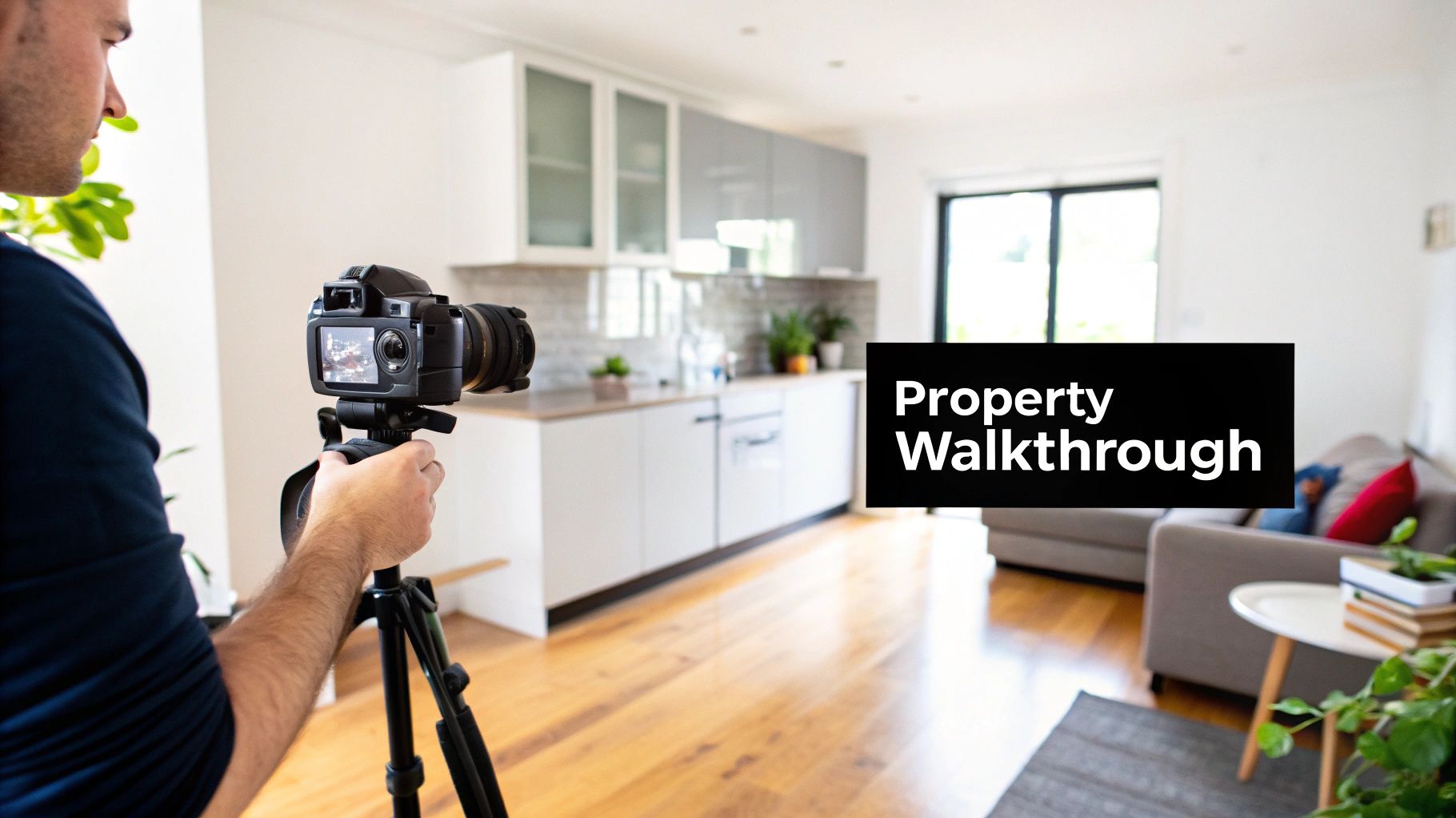 A person films a property walkthrough of a modern kitchen and living room with a camera on a tripod.