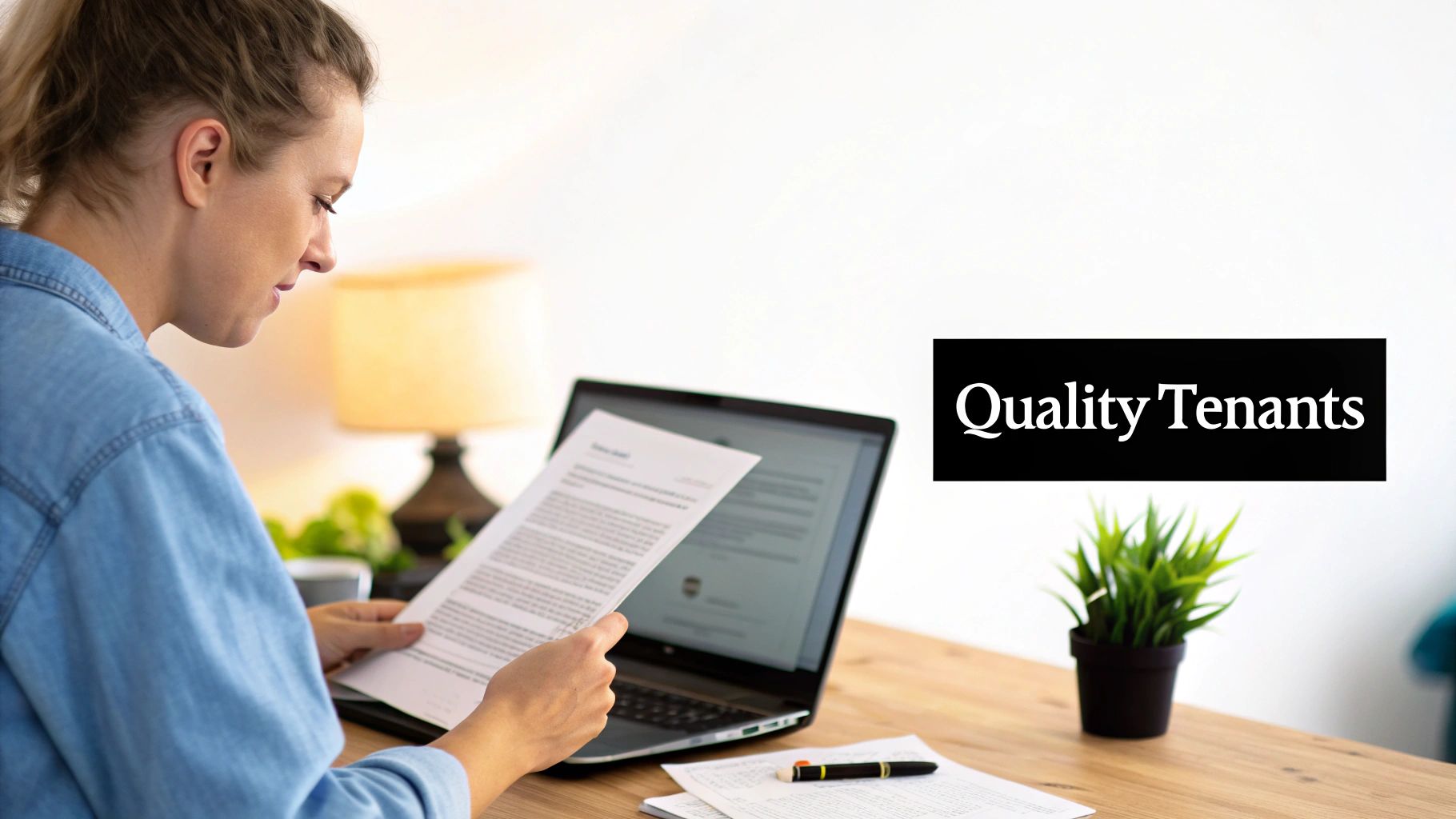 A woman reviews documents at a desk with a laptop, reflecting on 'Quality Tenants'.