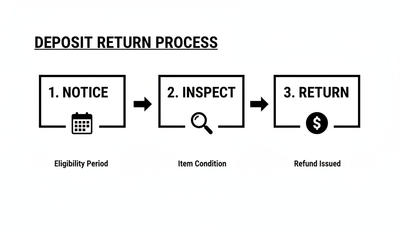 Flowchart outlining the deposit return process steps: notice, inspect, and return.