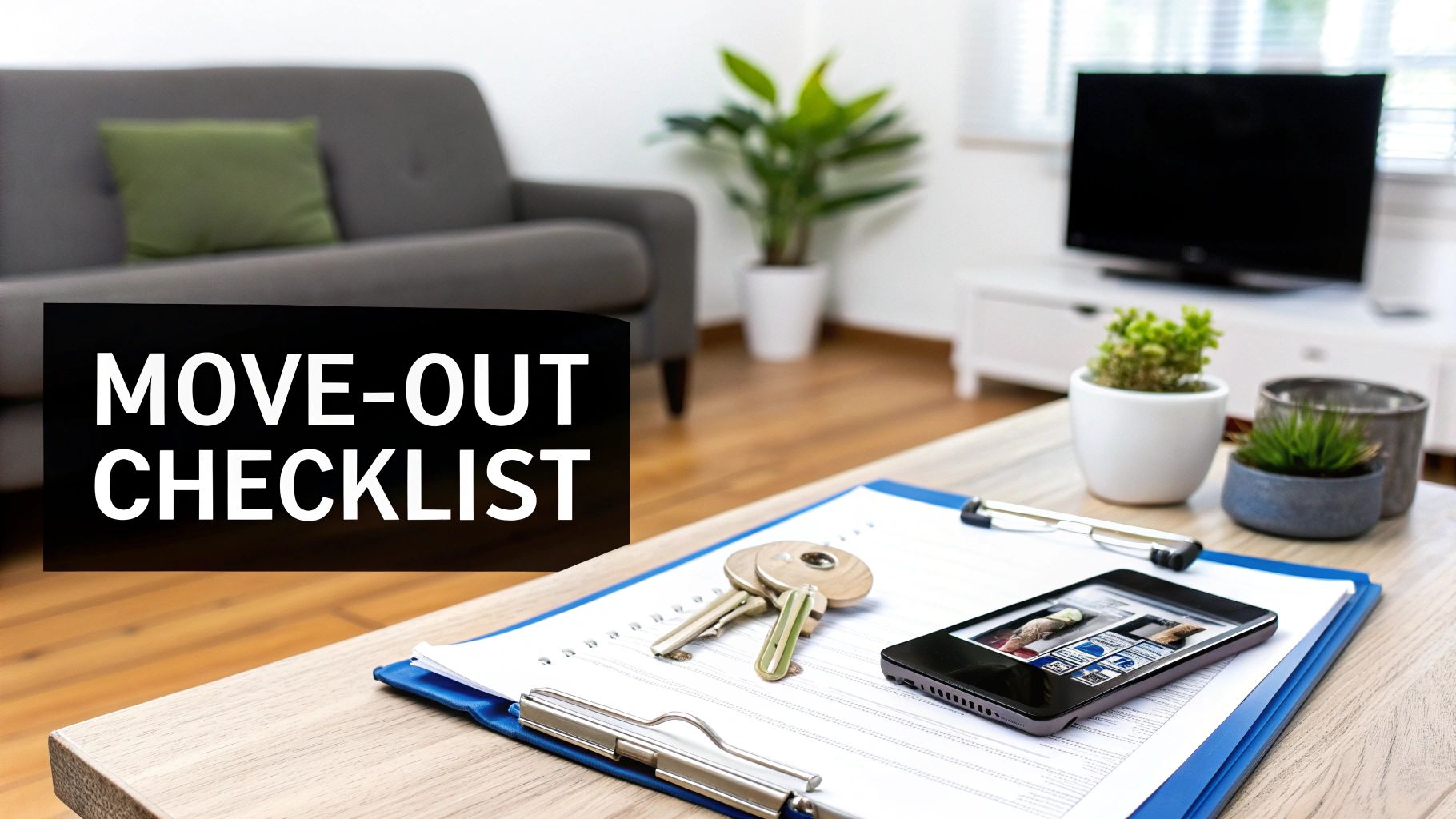 A 'MOVE-OUT CHECKLIST' sign on a table with keys, phone, and a blurred living room.