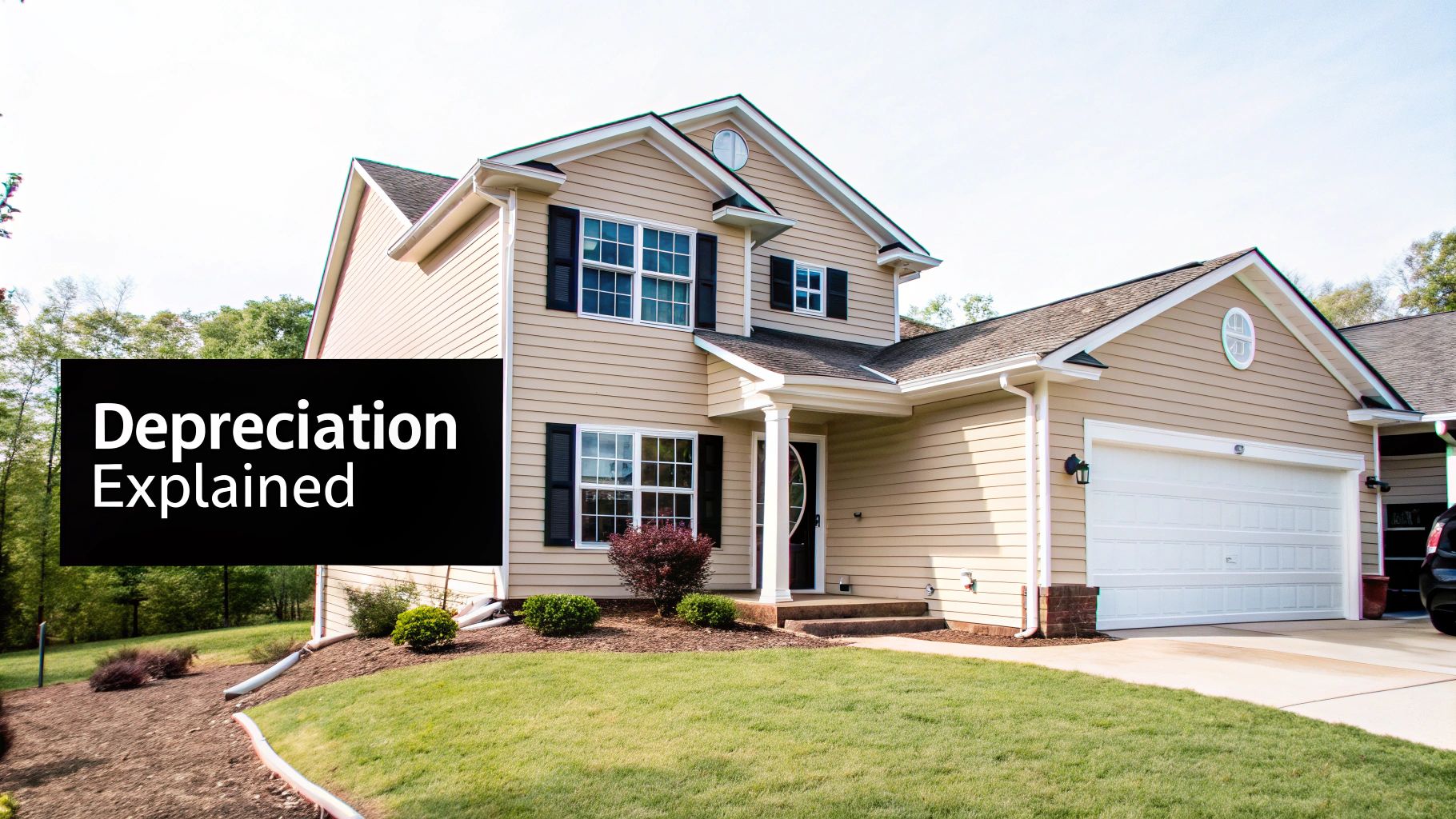 Two-story beige suburban house with black shutters and white garage, depreciation explained text overlay