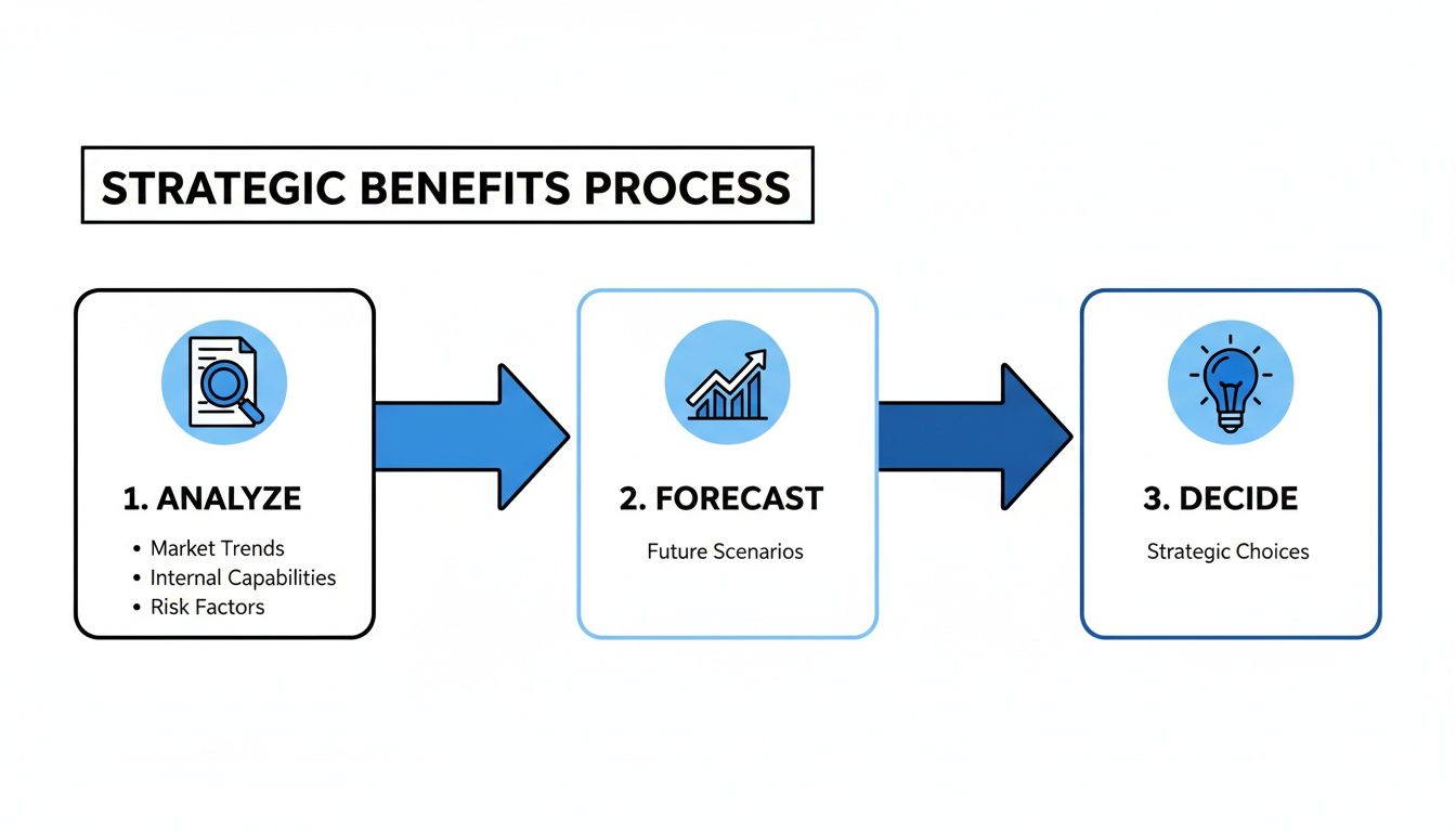 A strategic benefits process diagram showing three steps: analyze, forecast, and decide.
