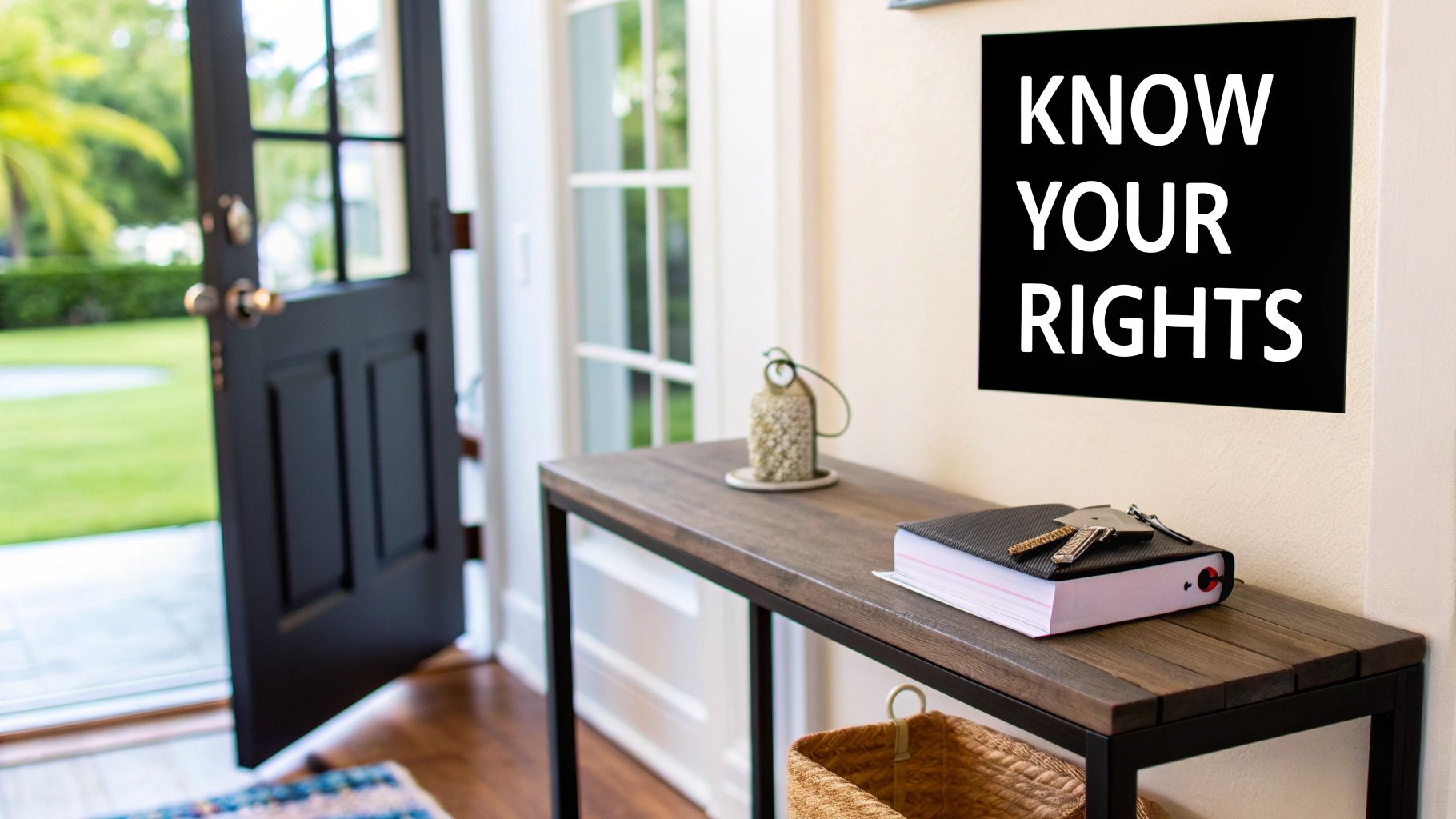An inviting home entryway with an open front door, a console table, and a "KNOW YOUR RIGHTS" sign.