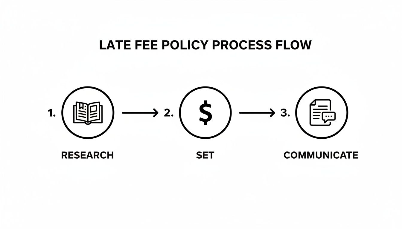 A process flow diagram outlines three sequential steps for a late fee policy: research, set, and communicate.