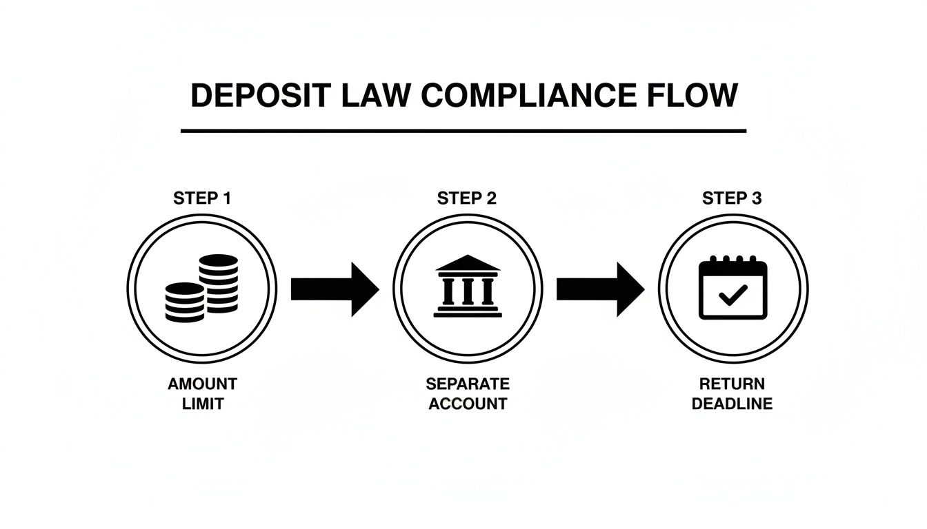 A flowchart illustrates three steps for deposit law compliance: Amount Limit, Separate Account, and Return Deadline.