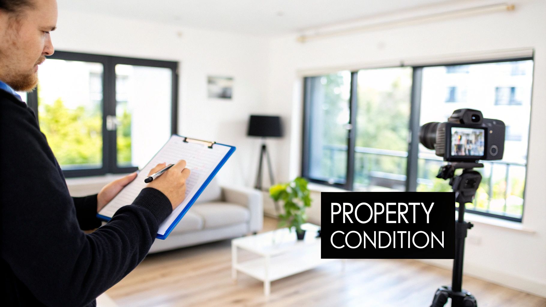 A person inspects a rental property, writing on a clipboard with a camera documenting the room.