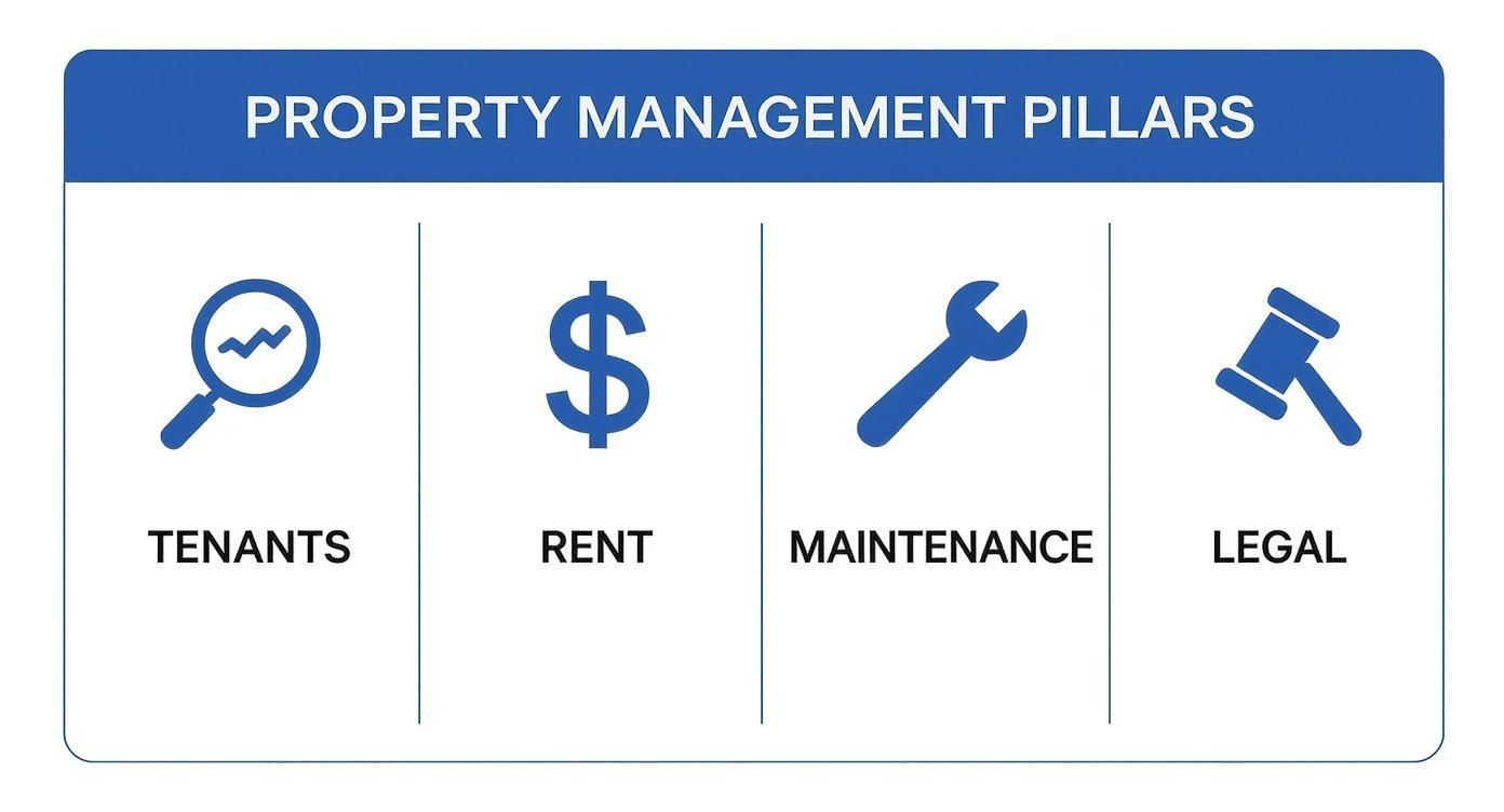 Four pillars of property management showing tenants, rent, maintenance, and legal icons on blue header