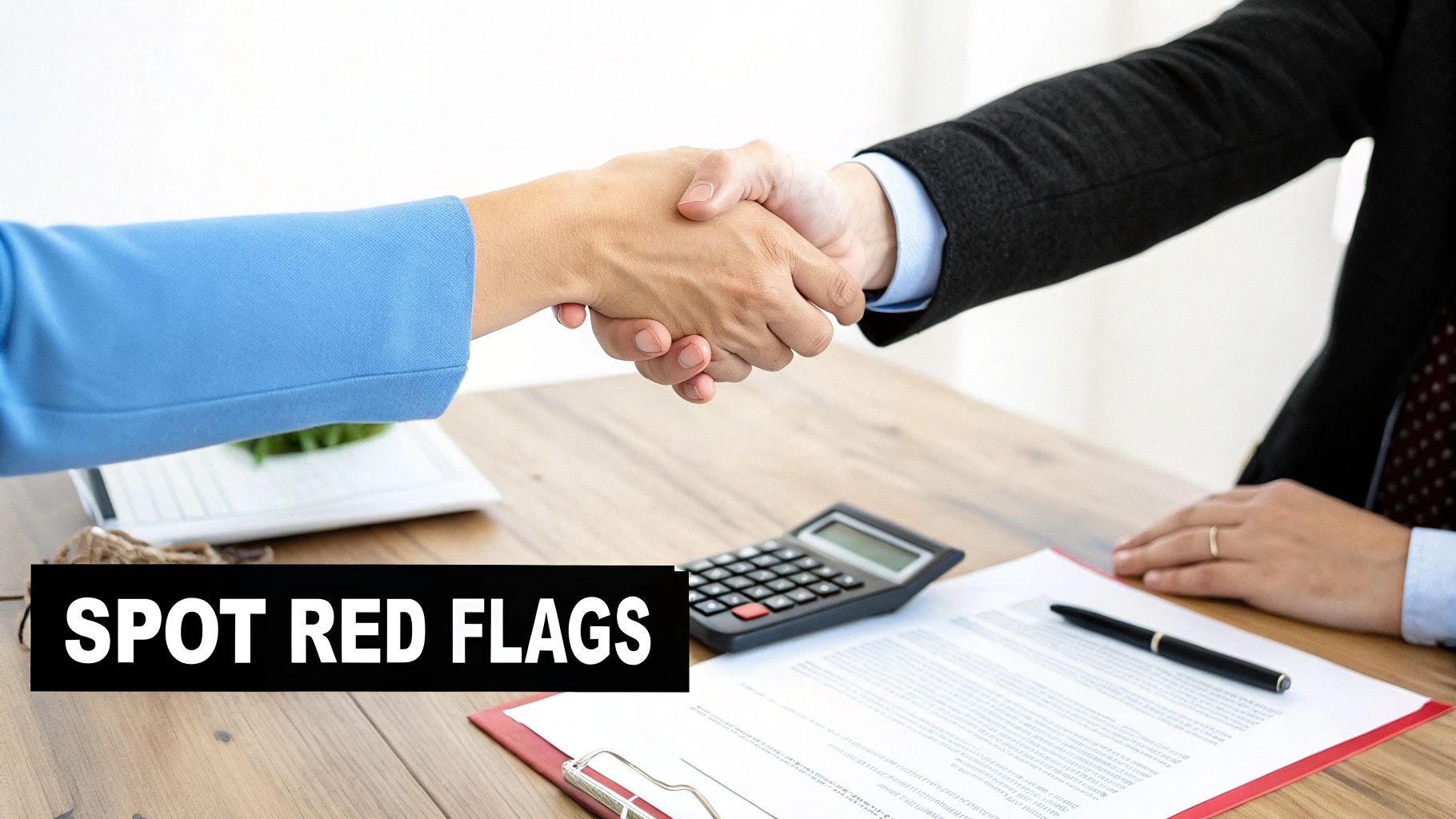 Two business people shake hands over a desk with documents, a calculator, and a pen.
