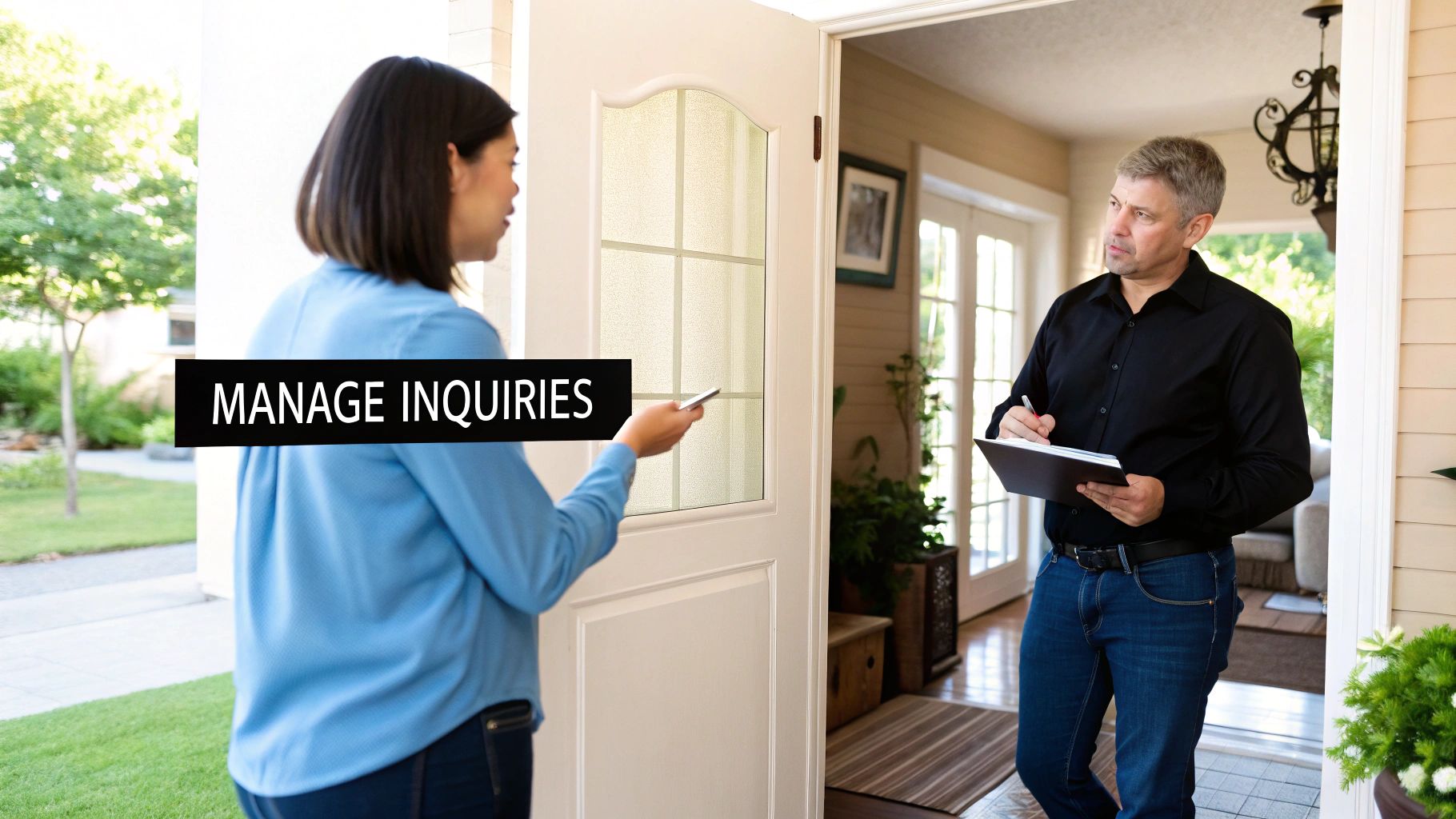 A landlord shaking hands with a new tenant in front of a modern apartment building.