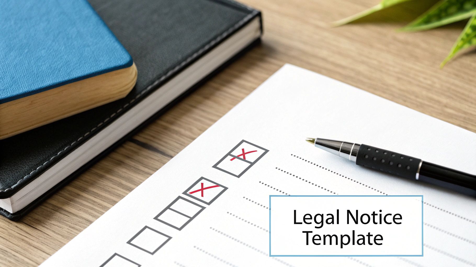 A pen lies on a legal notice template document with checkboxes marked with red X, next to notebooks.