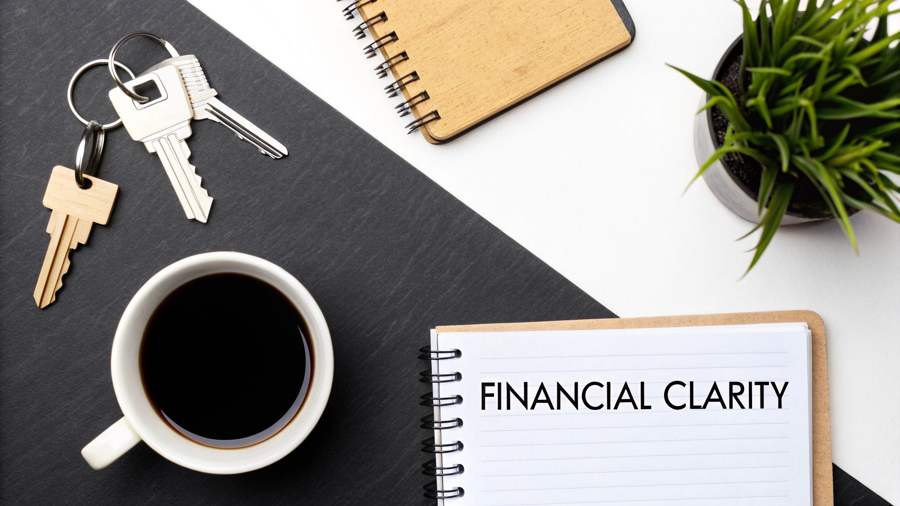 Flat lay of a desk with keys, coffee, a plant, and notebook displaying 'FINANCIAL CLARITY'.