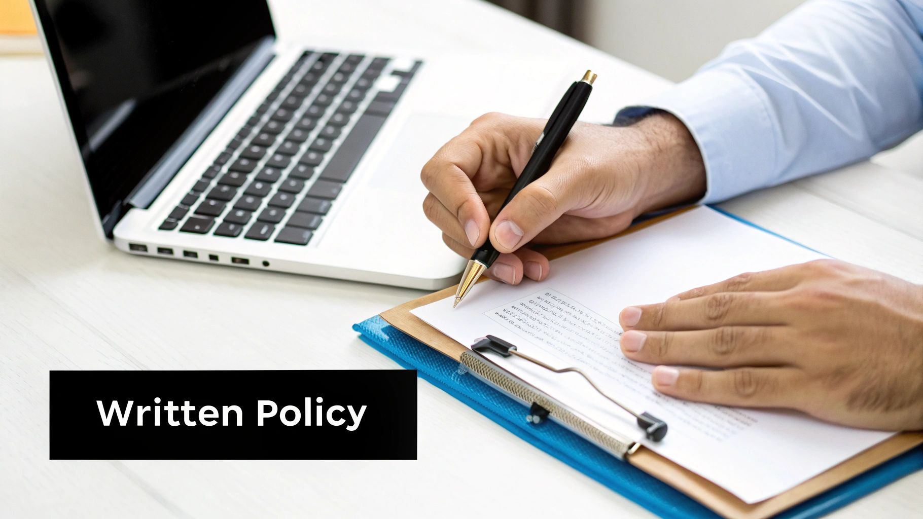 A person writing down a tenant screening policy in a notebook.