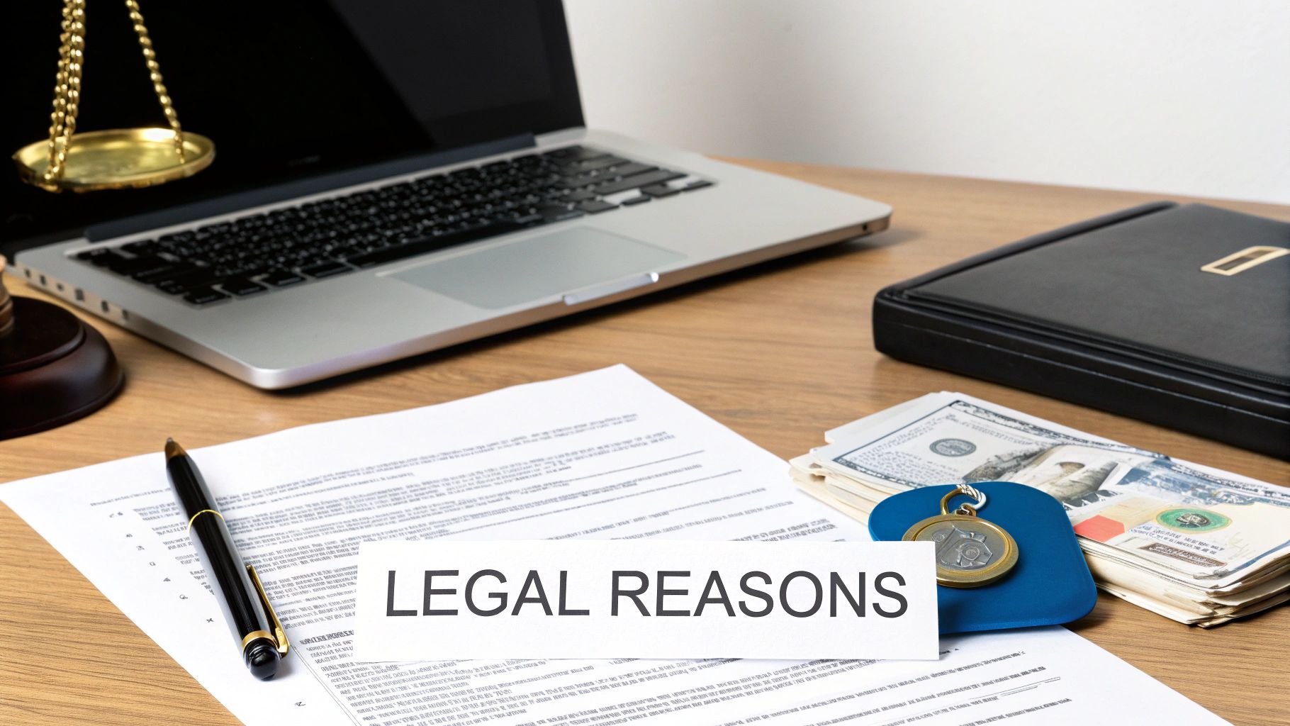 Desk with 'LEGAL REASONS' note, scales of justice, laptop, documents, and dollar bills, representing legal and financial considerations.