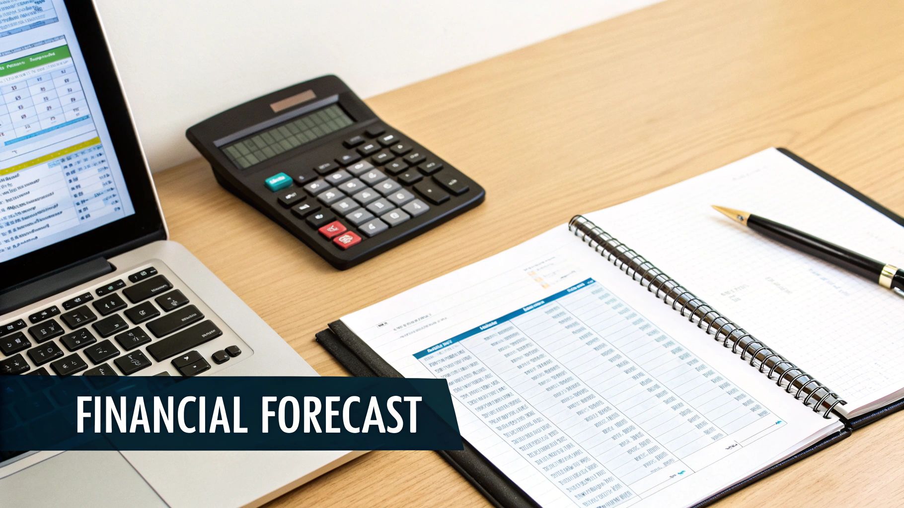 A laptop, calculator, open notebook with financial data, and a pen on a wooden desk for financial planning.