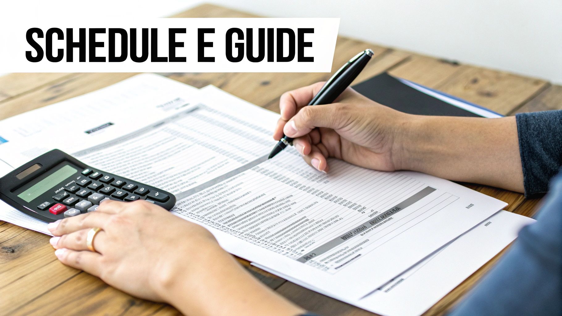 Person filling out tax forms with a pen and calculator on a wooden desk, focused on a Schedule E Guide.