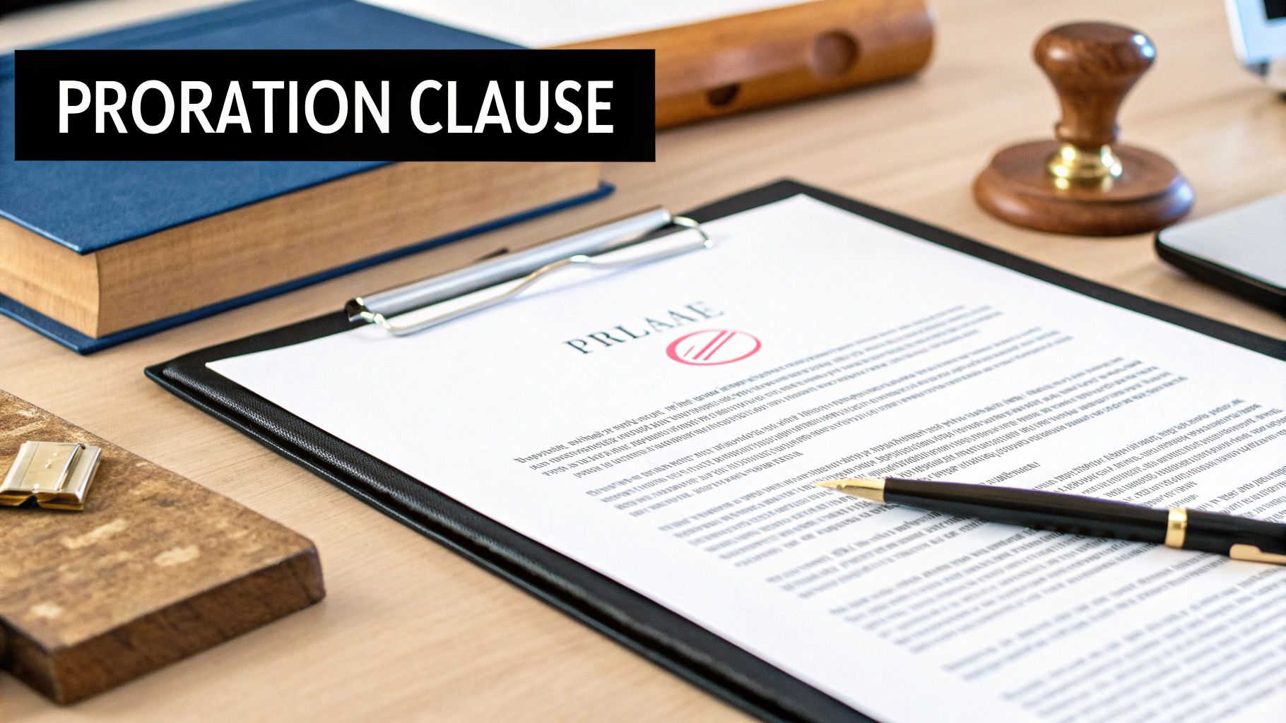 A document labeled 'Proration Clause' on a clipboard with a pen, book, and stamp on a wooden desk.