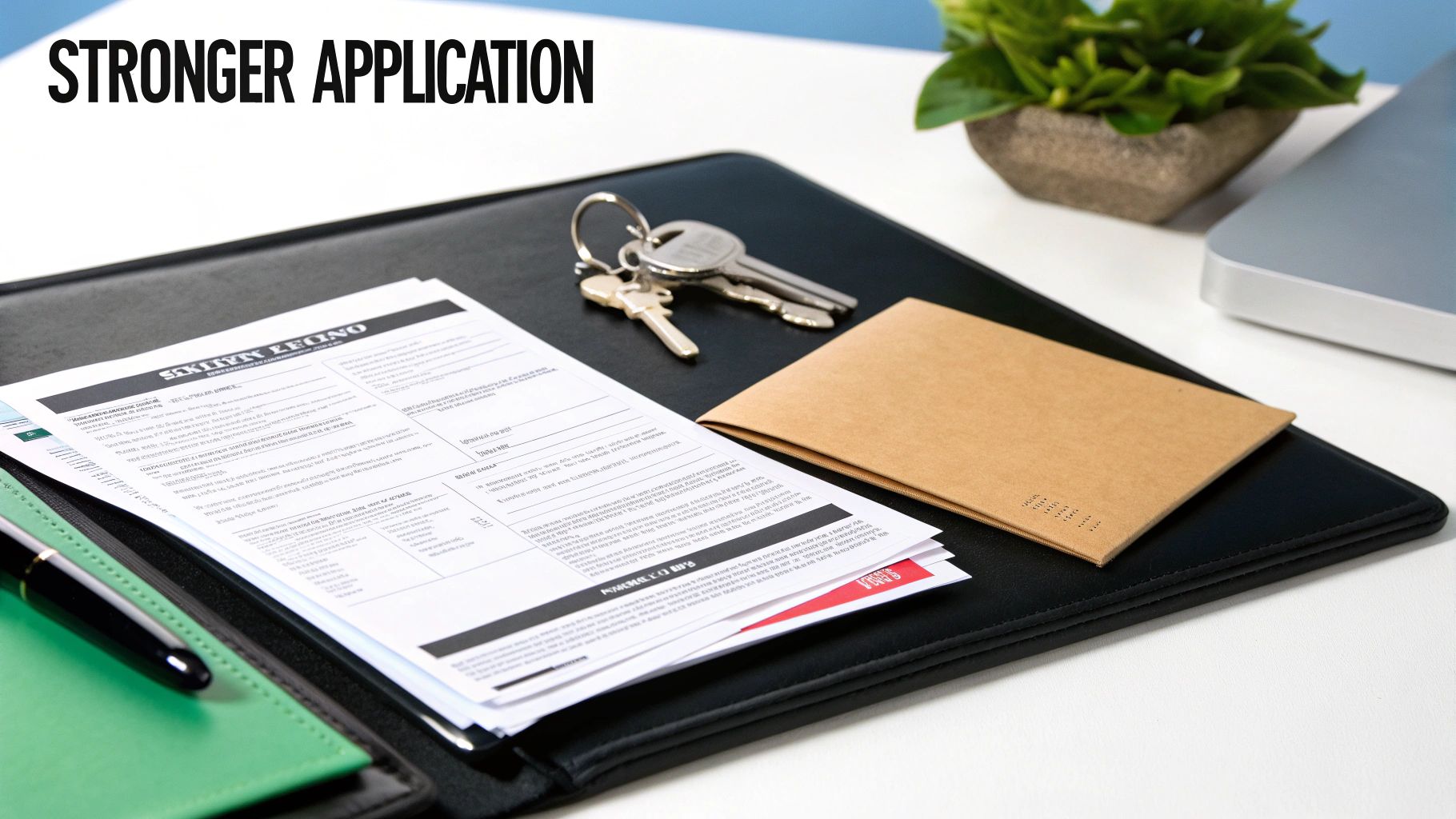 Application documents, house keys, and an envelope on a desk, emphasizing a stronger application.
