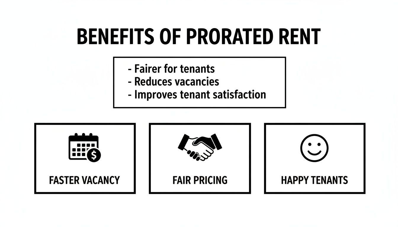 Benefits of prorated rent displayed with icons for faster vacancy, fair pricing, and happy tenants.