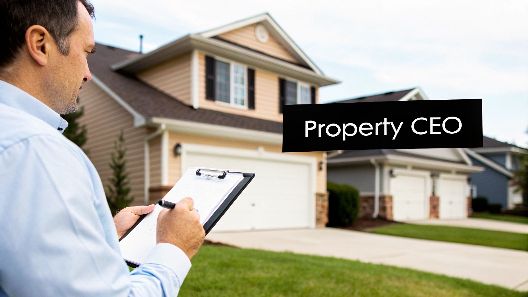 A man in a blue shirt writing on a clipboard, inspecting properties, with a "Property CEO" sign.