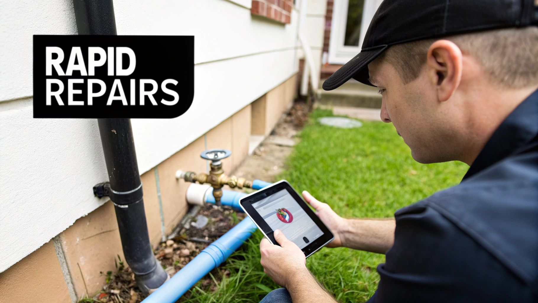 A technician wearing a cap reviews outdoor plumbing details on a tablet for rapid repairs.