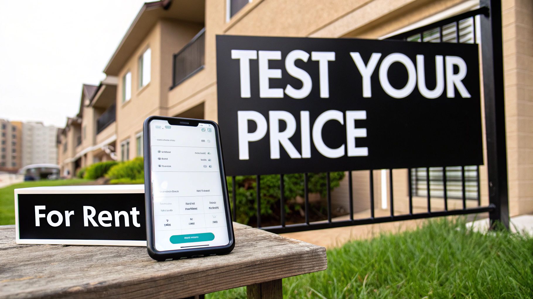 A smartphone displaying property listings next to 'For Rent' and 'Test Your Price' signs.