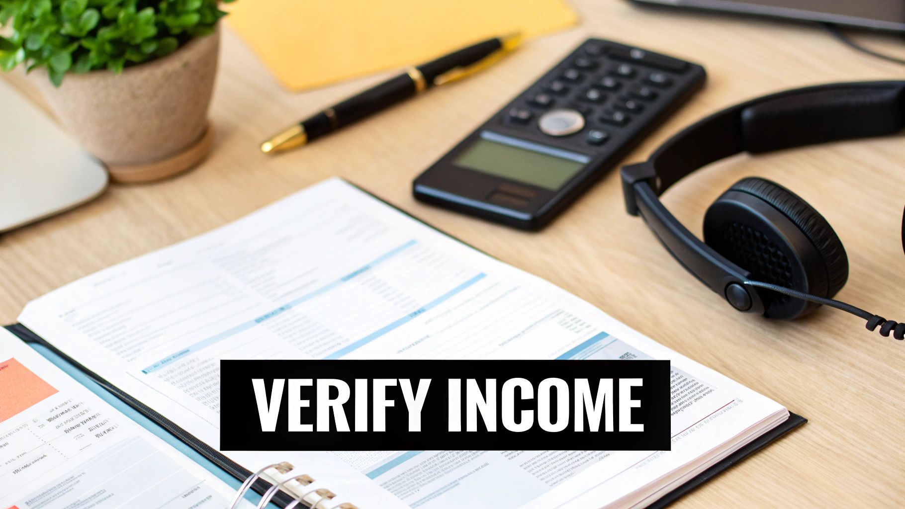 Desk setup with financial documents, calculator, and headphones for income verification.