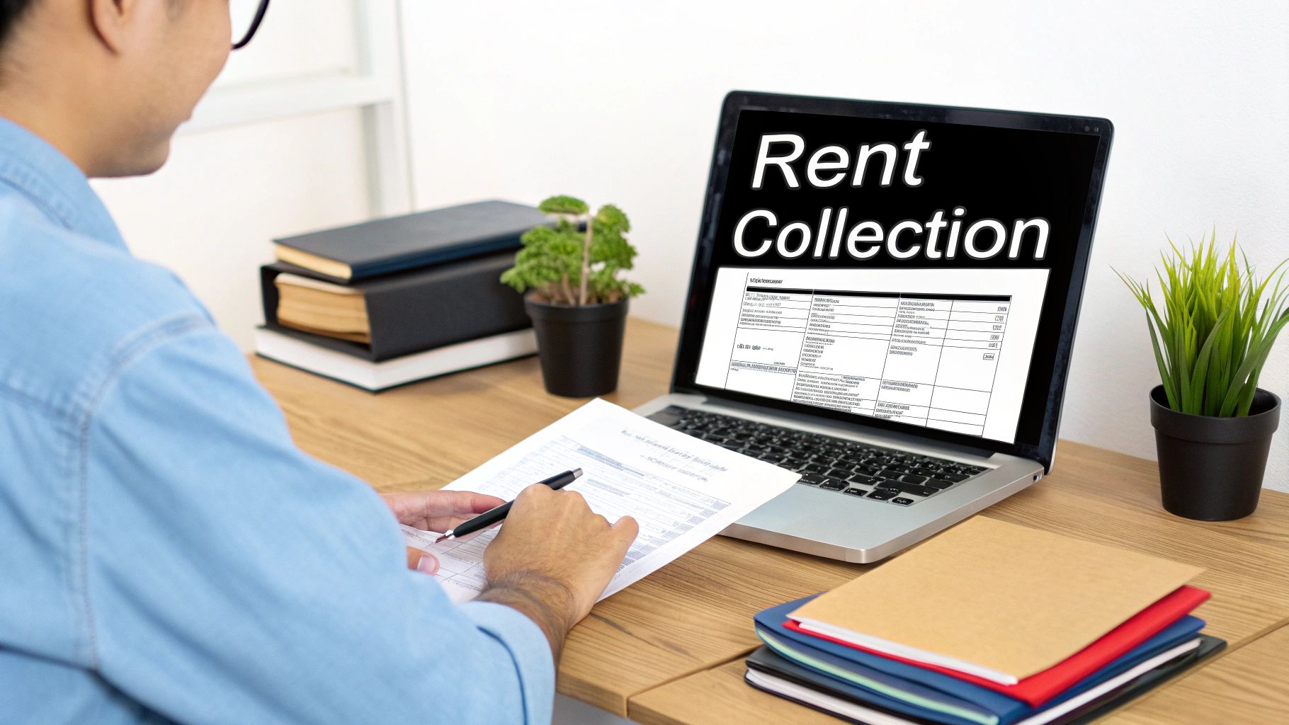 A man reviews a document while working on a laptop displaying 'Rent Collection' on a wooden desk.