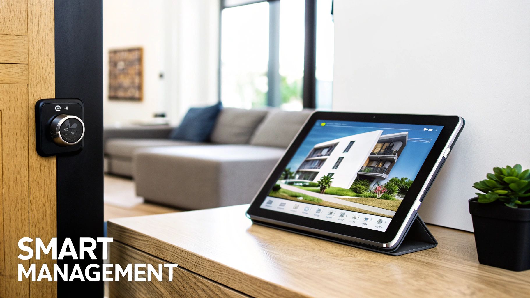 Smart home features: a door with a smart lock and a tablet displaying property management software.