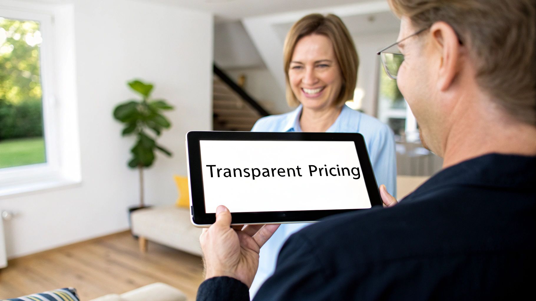 A man shows a tablet with 'Transparent Pricing' to a smiling woman in a bright home.